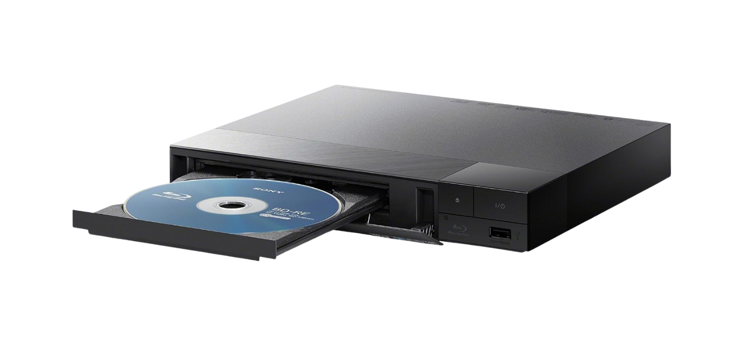  A close-up image of a black Sony Blu-ray player with a disc tray extended, revealing a Blu-ray disc inside.