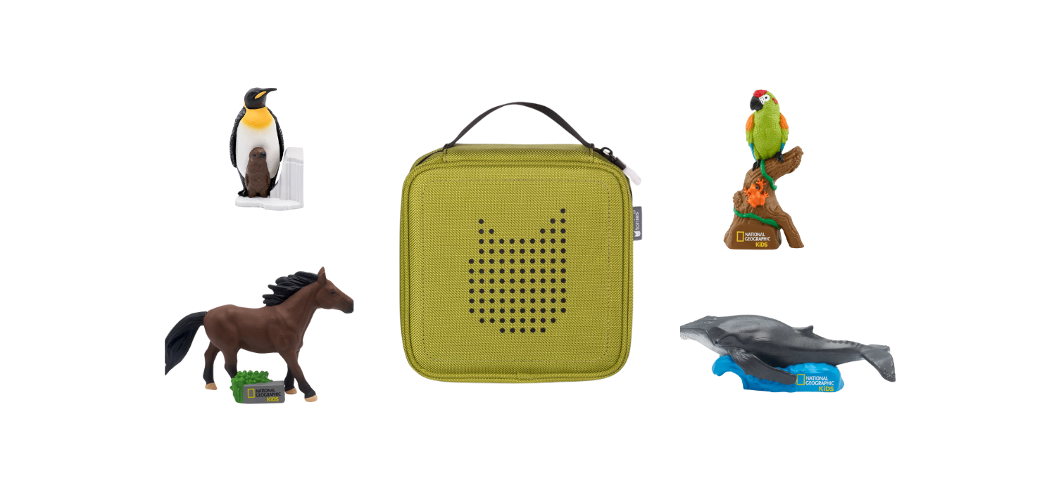 Olive green carrying case for a Toniebox audio player, surrounded by four National Geographic Kids Tonies figures: a penguin, a parrot, a horse, and a whale.