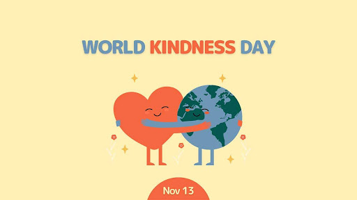 World Kindness Day- cartoon earth and heart hugging each other