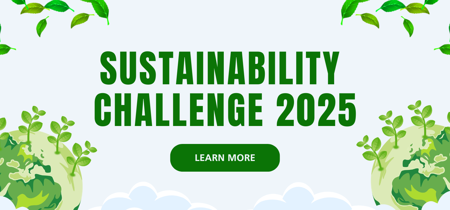 A light-colored website slide with the text 'Sustainability Challenge 2025' in bold green letters. The top and bottom edges are adorned with green leaves and cartoon-style depictions of Earth with green sprouts. A dark green 'LEARN MORE' button is centered below the title.
