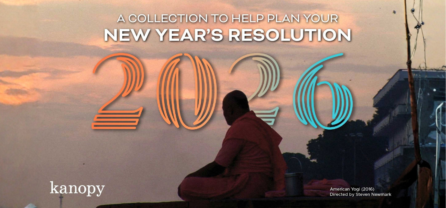 A Kanopy promotional graphic featuring the text "A Collection to Help Plan Your New Year's Resolution 2026" overlaid on a silhouette of a person meditating against a sunset. The bottom corner identifies the background image as a still from the film American Yogi (2016).
