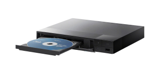  A close-up image of a black Sony Blu-ray player with a disc tray extended, revealing a Blu-ray disc inside.