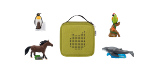  Olive green carrying case for a Toniebox audio player, surrounded by four National Geographic Kids Tonies figures: a penguin, a parrot, a horse, and a whale.