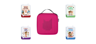  Pink carrying case for a Toniebox audio player, surrounded by four Tonies figures: Rosie Revere, Iggy Peck, Ada Twist, and Sofia Valdez.