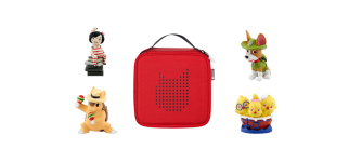 Red carrying case for a Toniebox audio player, surrounded by four Tonies figures: one of a girl on books, a dog in a green outfit (possibly Tracker from PAW Patrol), a hedgehog with maracas, and a group of three chicks in a red bowl.