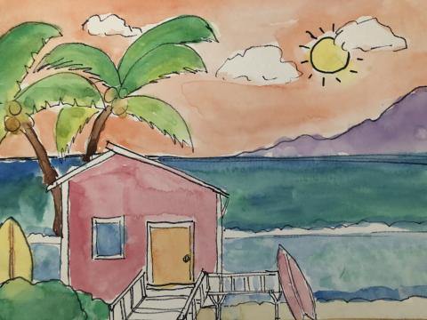 Beach shack with surfboards