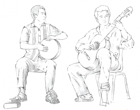 A drawing of percussionist Danny Mallon and guitarist Francisco Roldan.