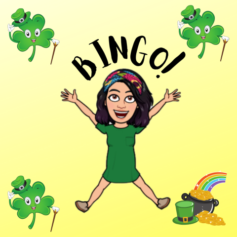 Yellow graphic with bingo across the top and shamrocks on the corners