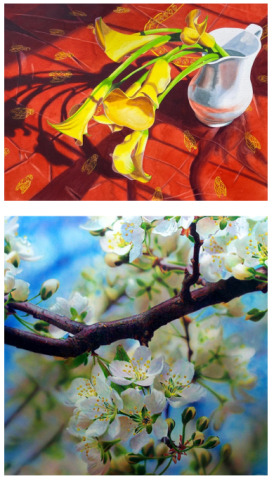 A painting featuring yellow calla lilies in a white pitcher sitting on a red tablecloth. The second image is a painting on cherry blossoms on a branch.