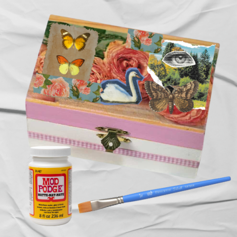 A box decorated using the technique of decoupage.