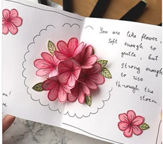 A photo of a card with pop-up flowers inside.
