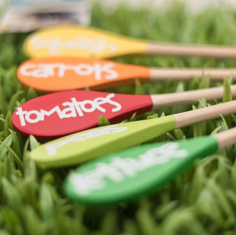 A photo of vegetable garden markers made from wooden spoons.