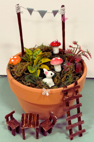 A photo of a miniature garden in a terracotta pot.