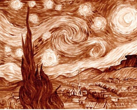 A recreation of Van Gogh's Starry Night painting using coffee.