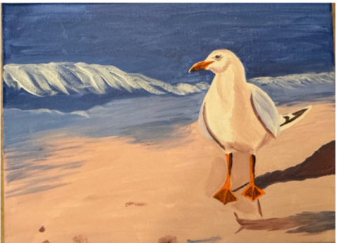 A painting of a seagull at the shoreline.