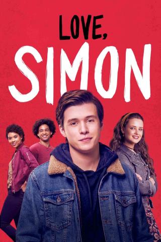 A graphic for the movie Love, Simon, featuring some of the characters on a red background.