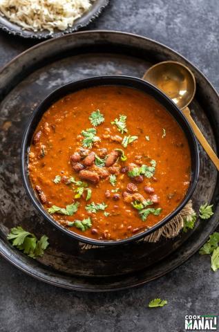 A color photo of a bowl of rajma vegetarian curry.