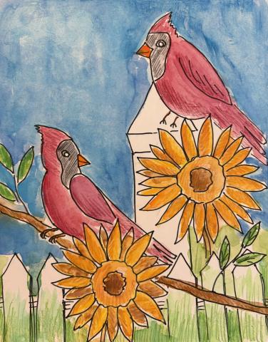 Sunflowers and Cardinals drawing