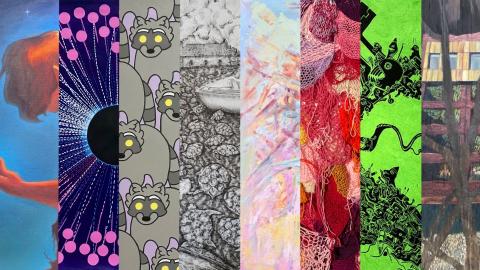 a graphic with slivers of artwork from the Piece by Piece exhibit.