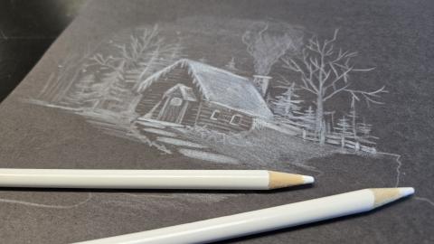 A photo of a drawing using white pencil on black paper.
