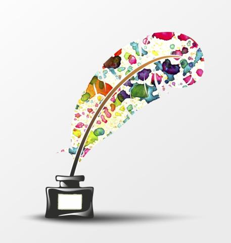 A graphic of a feather pen in a small bottle of ink.