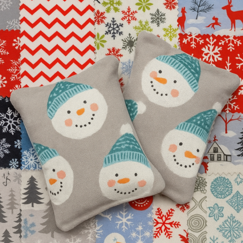 A color photo of two hand warmers made of fabric with a snowman pattern.