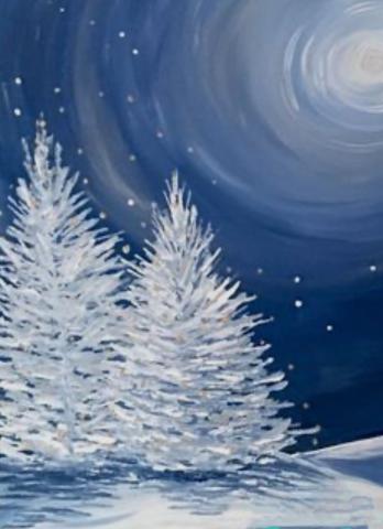 A painted winter scene of moonlit pine trees done using just blue and white paint.