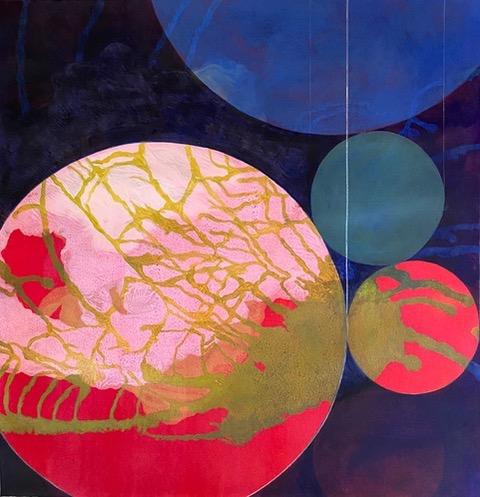 A painting of red, pink and blue circles on a black background.