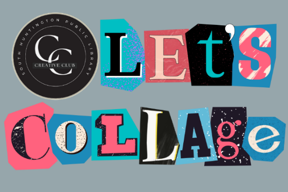 A graphic with the words Let's Collage that are created from collage on a gray background.