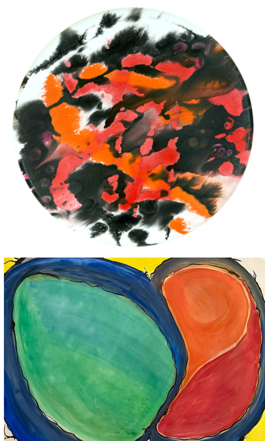 A graphic featuring abstract art by Alicia Peterson and Puneeta Mittal.