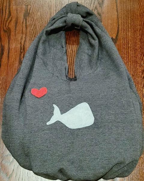 A color photo of a reusable bag made from an old piece of clothing.