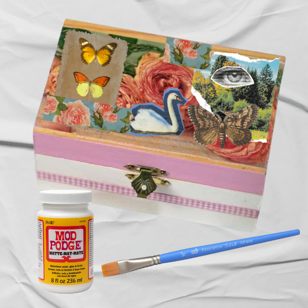 A box decorated using the technique of decoupage.