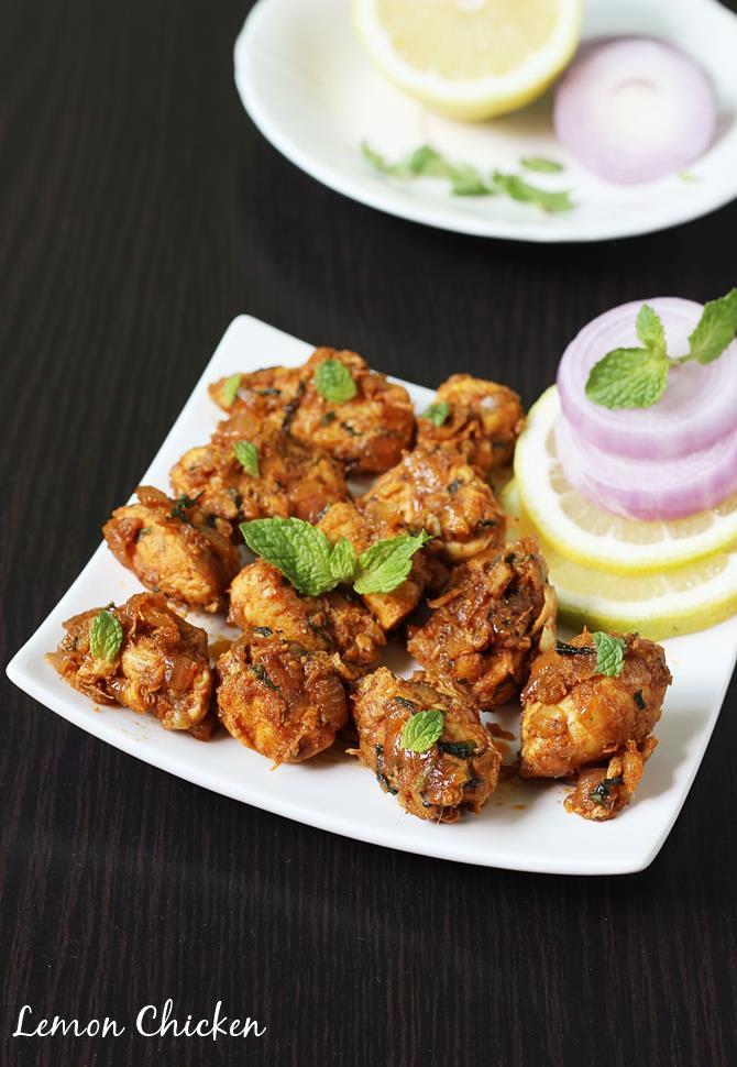 A photo of a plate of lemon chicken.