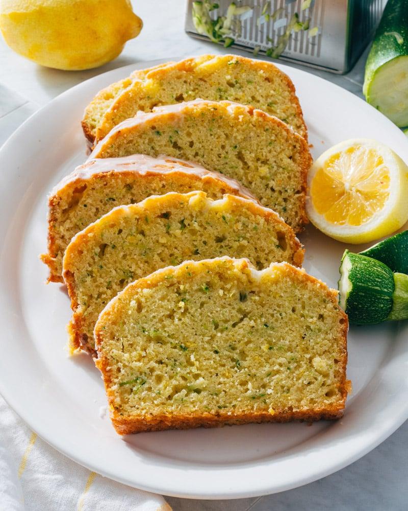 A photo of slices of zucchini bread on a plate.