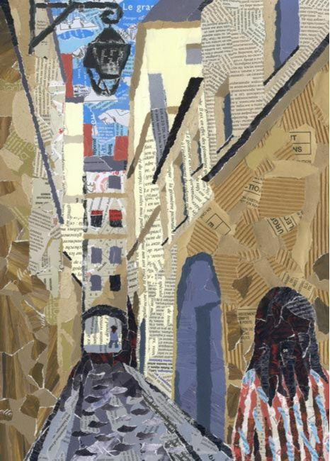 Collage art of a cityscape.