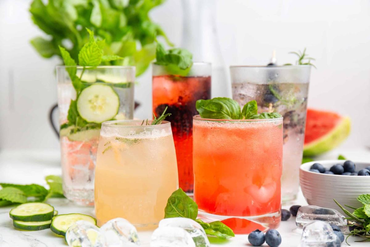 A color photo of several mocktails.