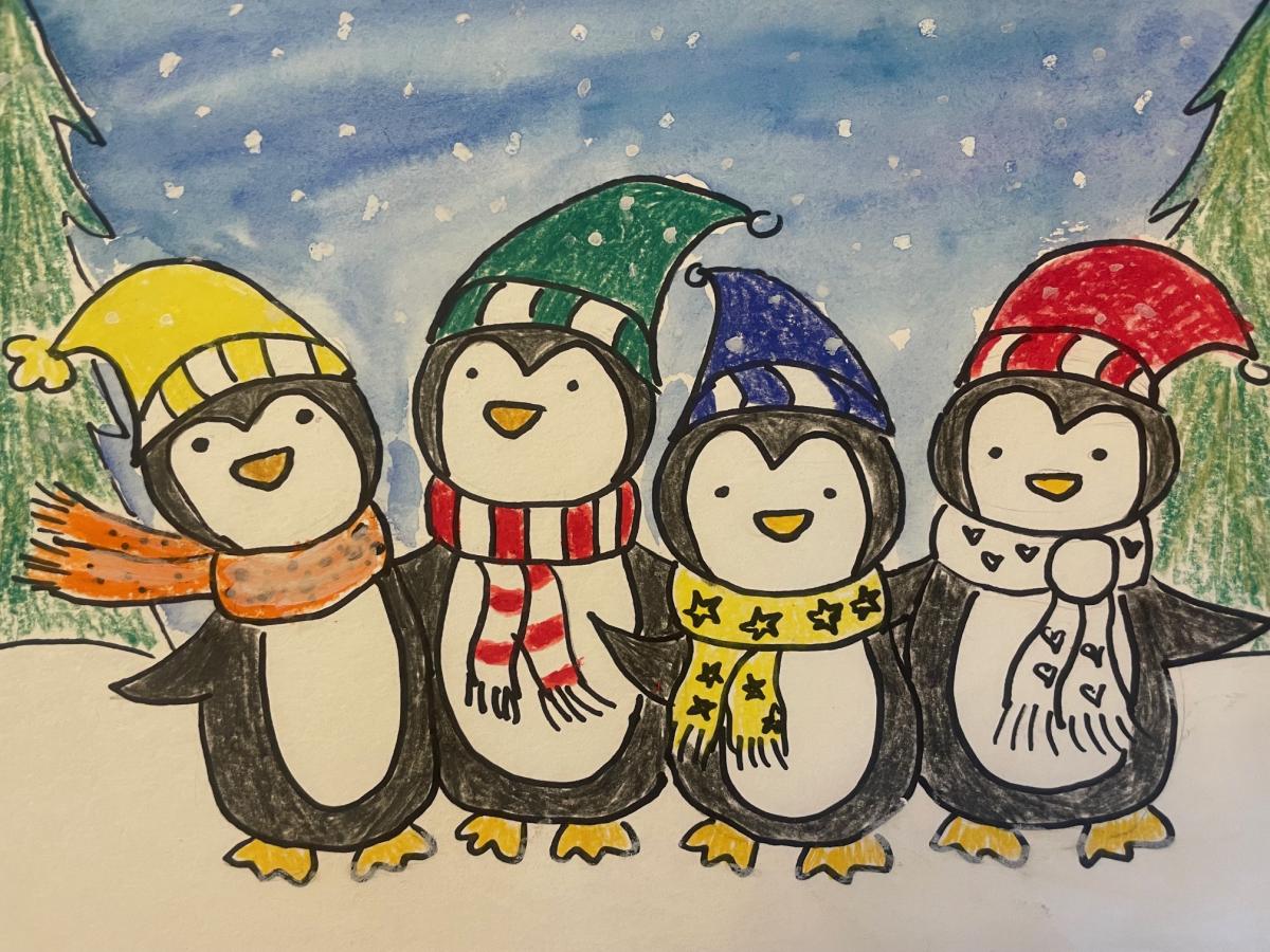 Penguins wearing hats and scarves