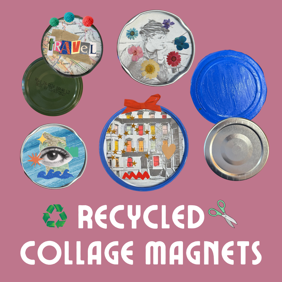 A graphic featuring recycled collage magnets.