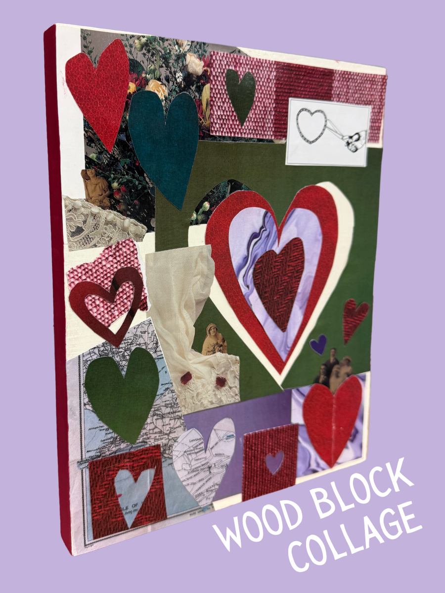 A photo of collage on wood.