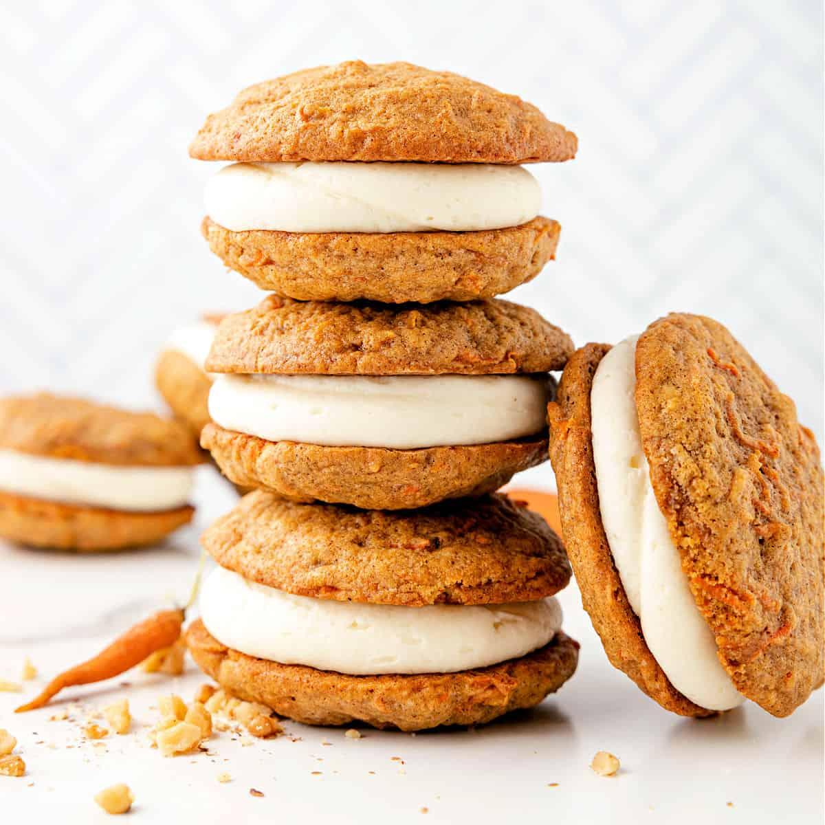 A color photo of a stack of whoopie pies.