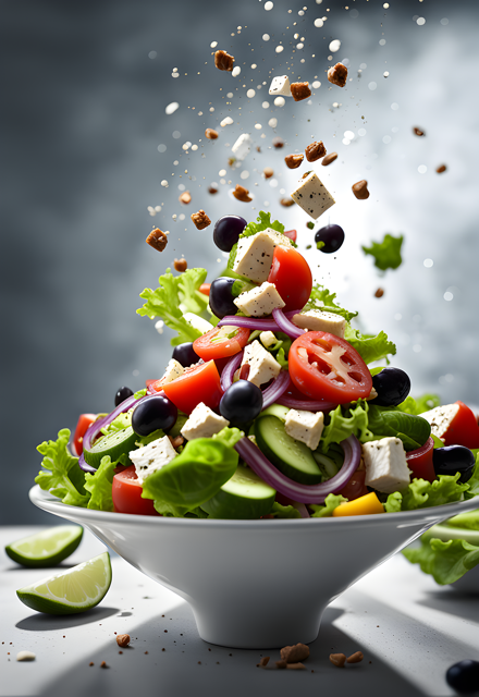 A photo of salad falling into a bowl.