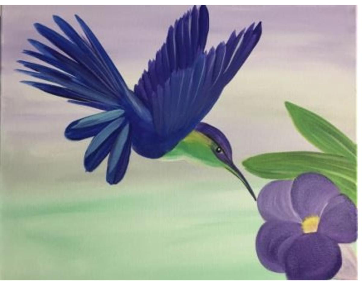 A painting of a hummingbird and a flower.