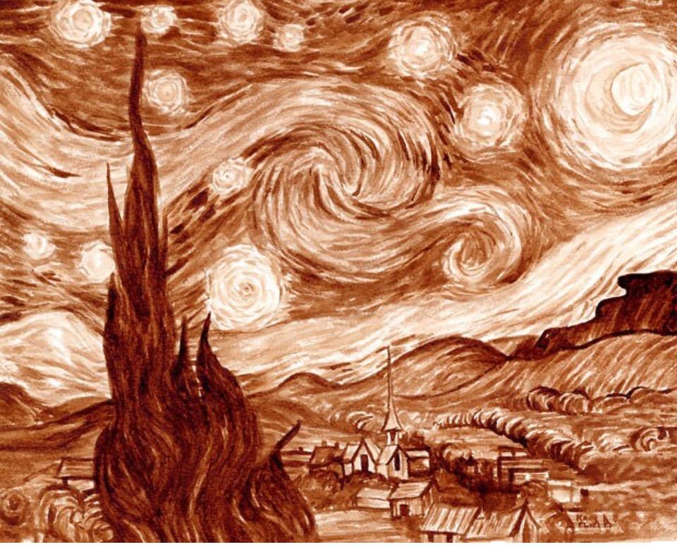 A recreation of Van Gogh's Starry Night painting using coffee.