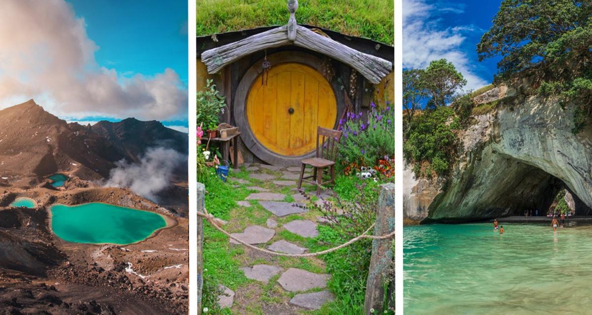 Three scenes of the North Island in New Zealand: A lake, a hobbit house and a cave.