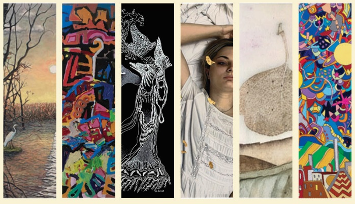 A graphic composite of six pieces of artwork.