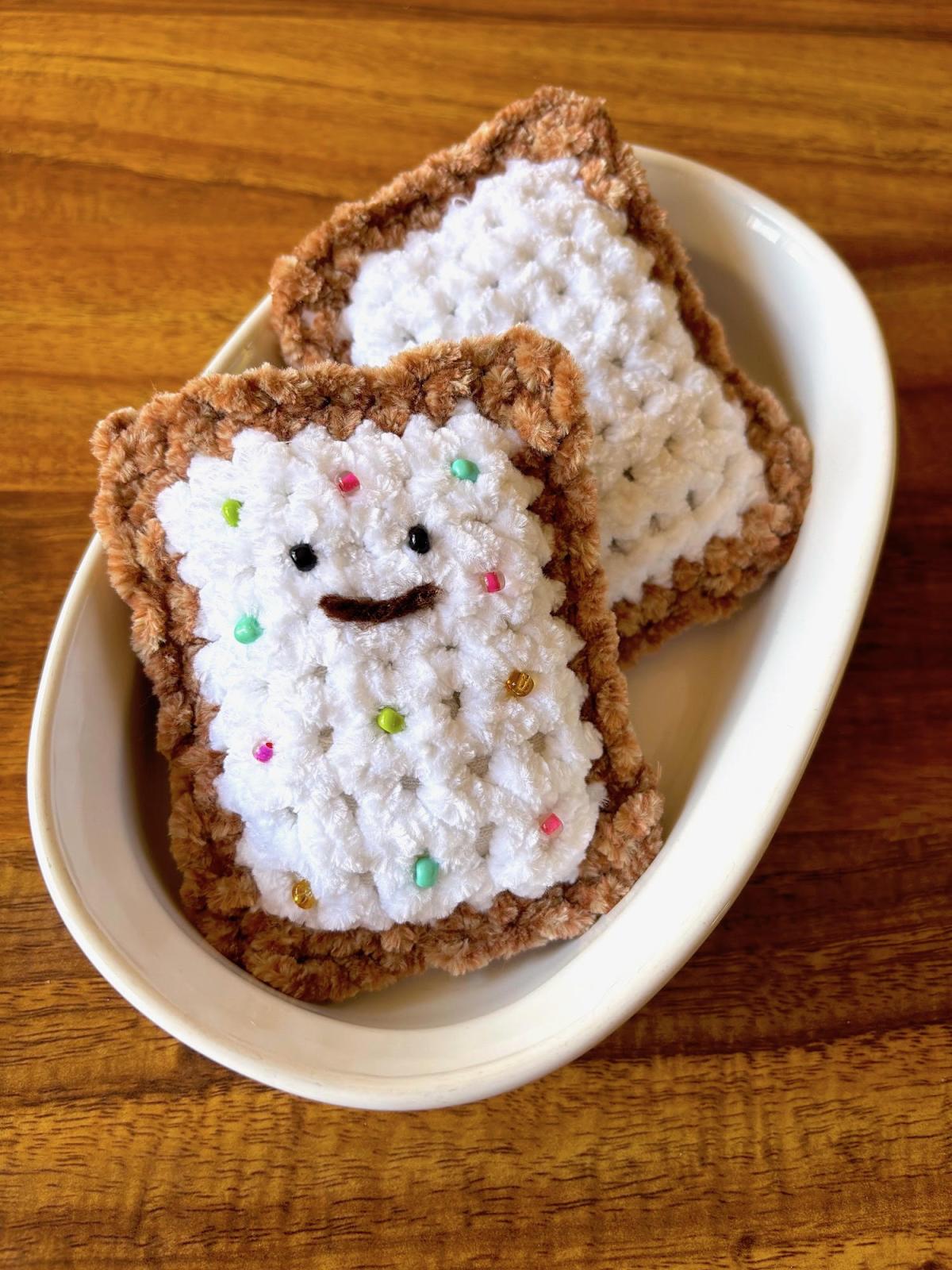 A color photo of crocheted pastries.