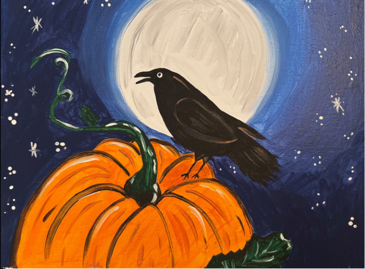 A painting of a crow on a pumpkin with a full moon in the background.