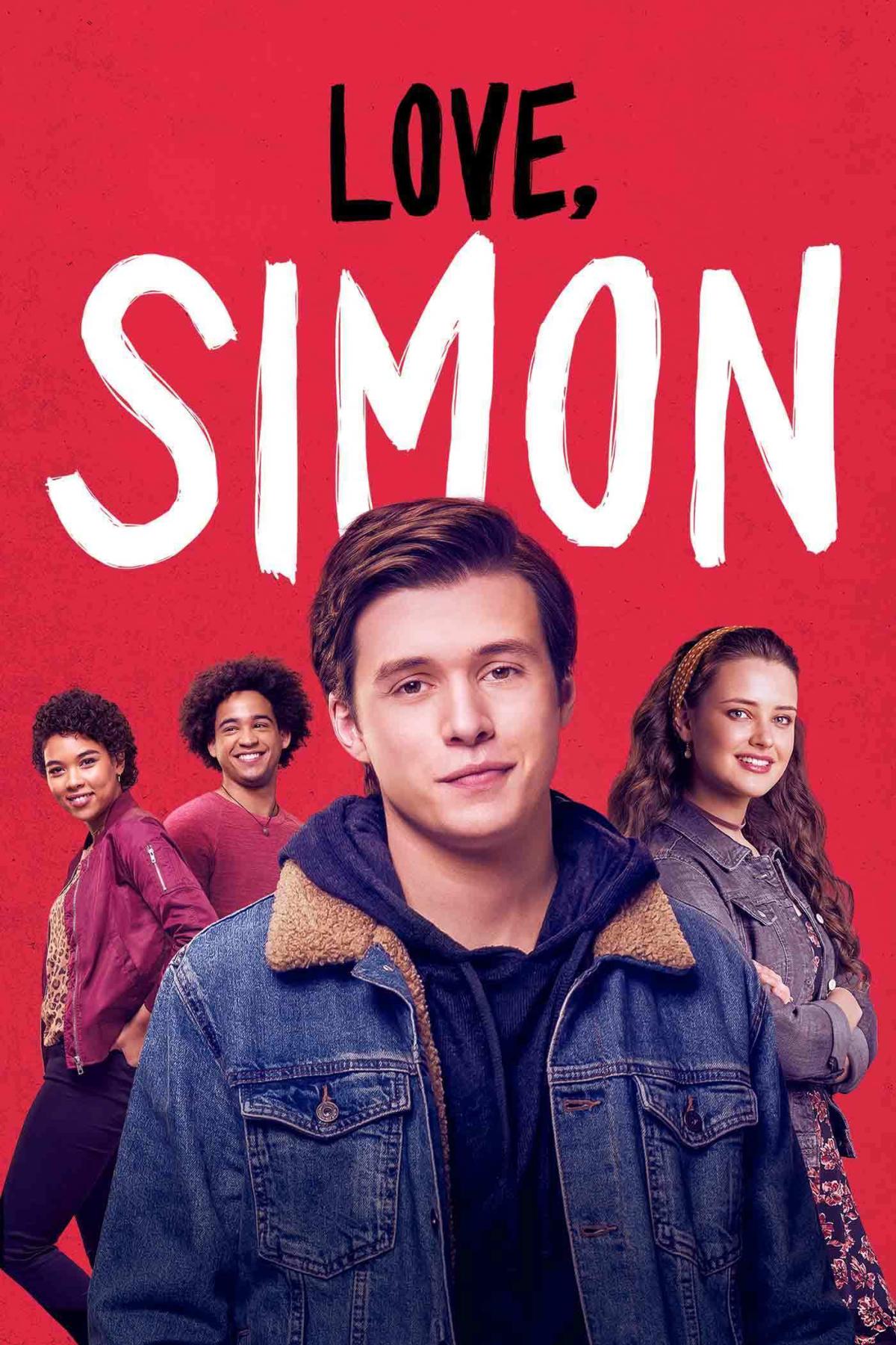 A graphic for the movie Love, Simon, featuring some of the characters on a red background.
