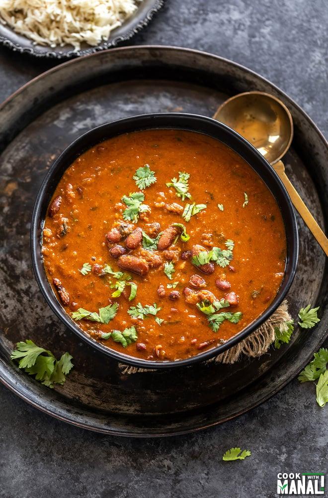 A color photo of a bowl of rajma vegetarian curry.