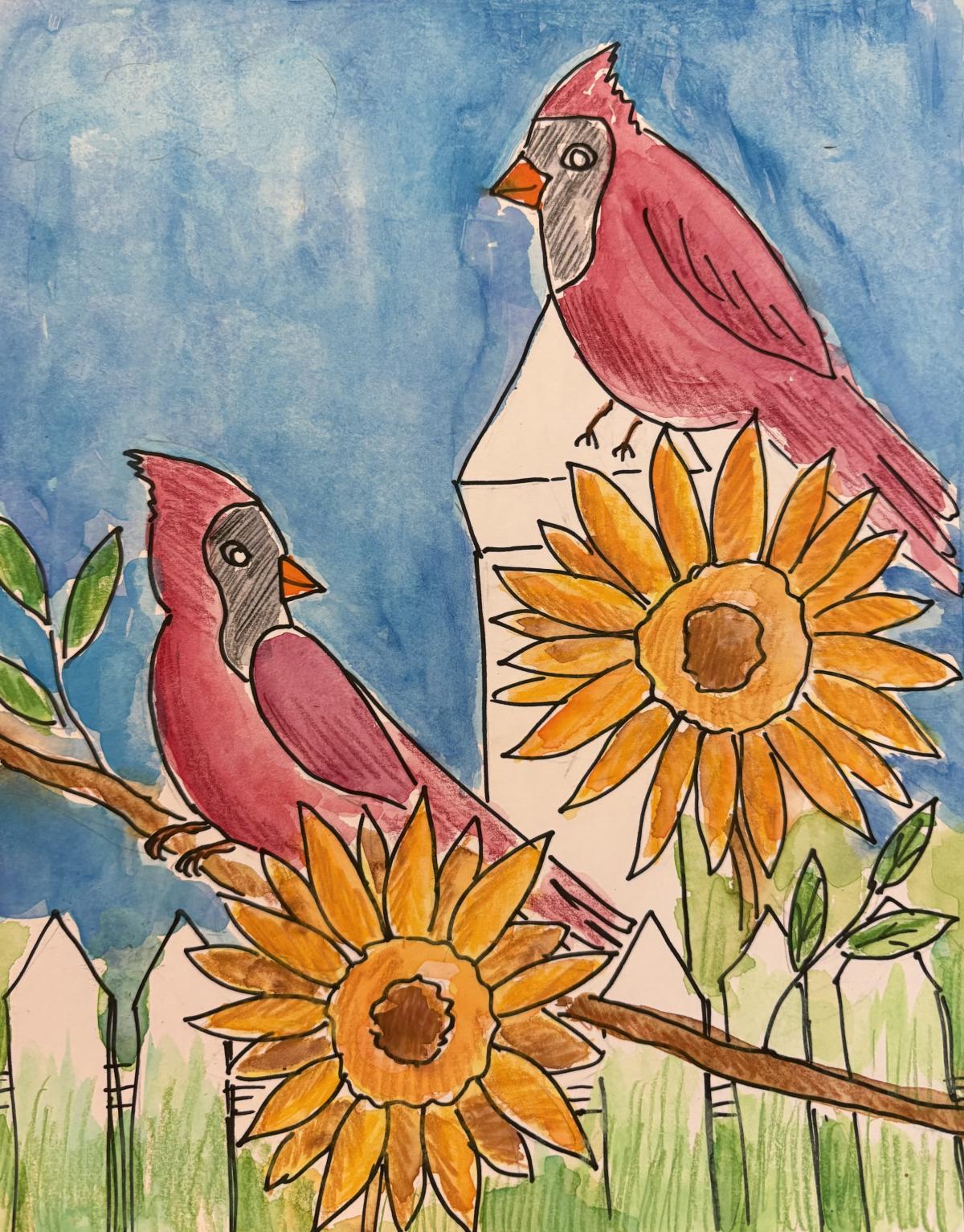 Sunflowers and Cardinals drawing
